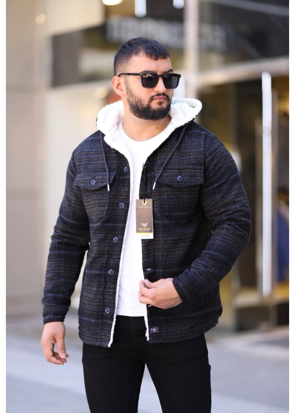 4'lü Cepli Kapüşonlu Çizgili Ceket - Lacivert - 3163