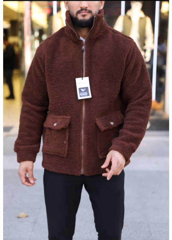 4'lü Cepli Peluş Ceket - Kahverengi - 4267
