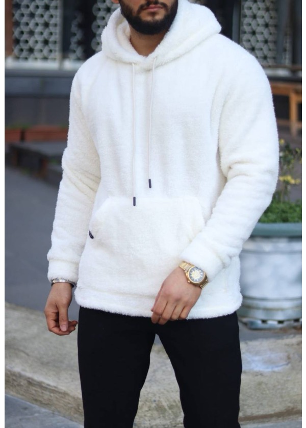 4'lü Peluş Kapşonlu Sweatshirt - Beyaz - 9001