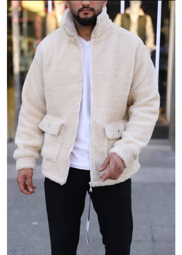 4'lü Cepli Peluş Ceket - Krem - 4267