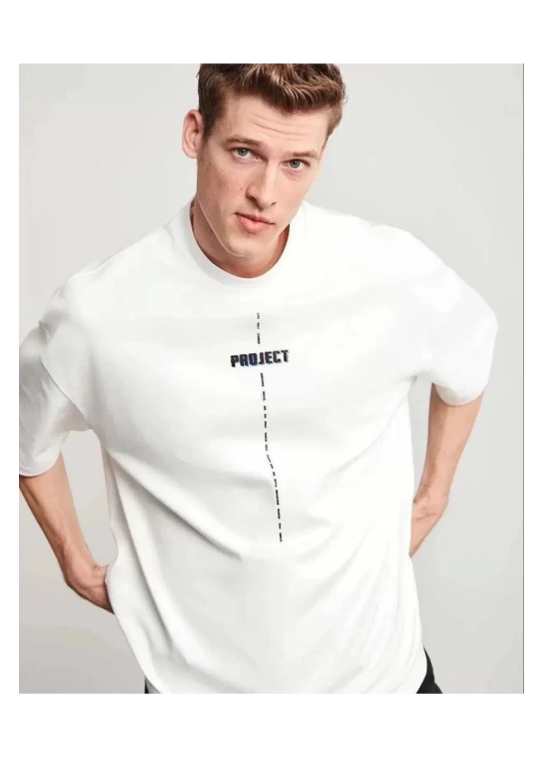 4'lü Bisiklet Yaka Baskılı Oversize T-Shirt - Beyaz