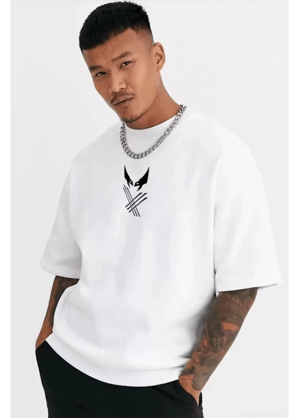 4'lü Bisiklet Yaka Baskılı Oversize T-Shirt - Beyaz
