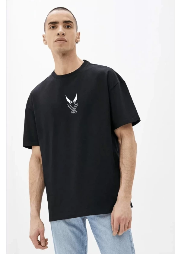 4'lü Bisiklet Yaka Baskılı Oversize T-Shirt - Siyah