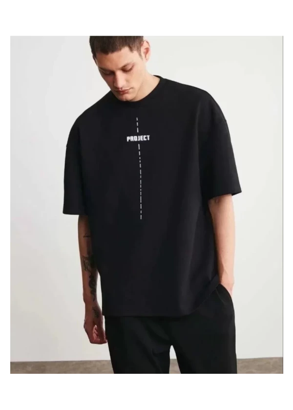 4'lü Bisiklet Yaka Baskılı Oversize T-Shirt - Siyah