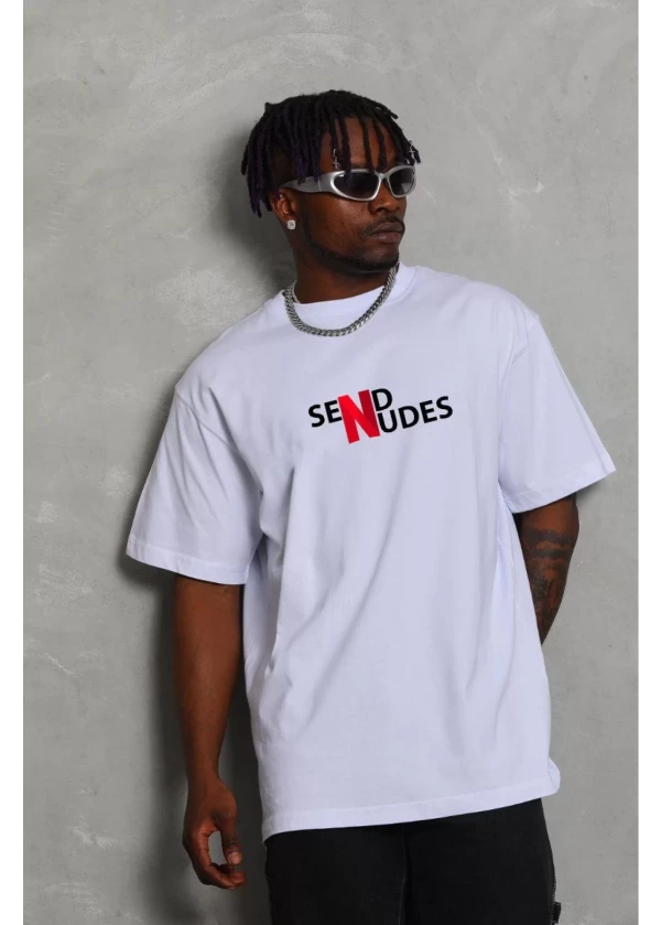 4'lü Bisiklet Yaka Double Oversize Baskılı T-Shirt - Beyaz