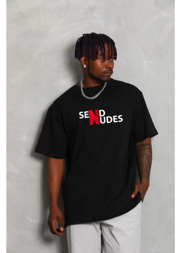 4'lü Bisiklet Yaka Double Oversize Baskılı T-Shirt - Siyah