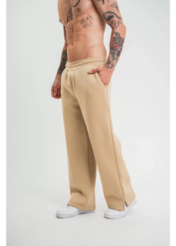 Unisex Boru Paça Baggy Eşofman Pantolon - Bej