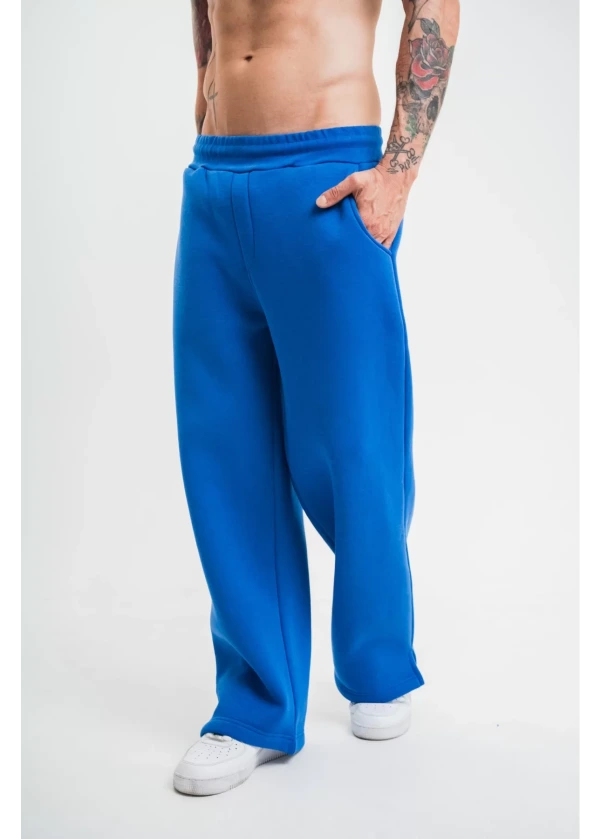 Unisex Boru Paça Baggy Eşofman Pantolon - Mavi