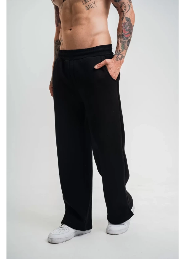 Unisex Boru Paça Baggy Eşofman Pantolon - Siyah