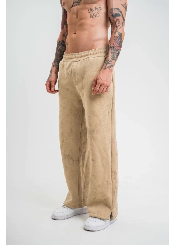 4'lü Yırtmaç Detaylı Boru Paça Baggy Eşofman Pantolon - Bej
