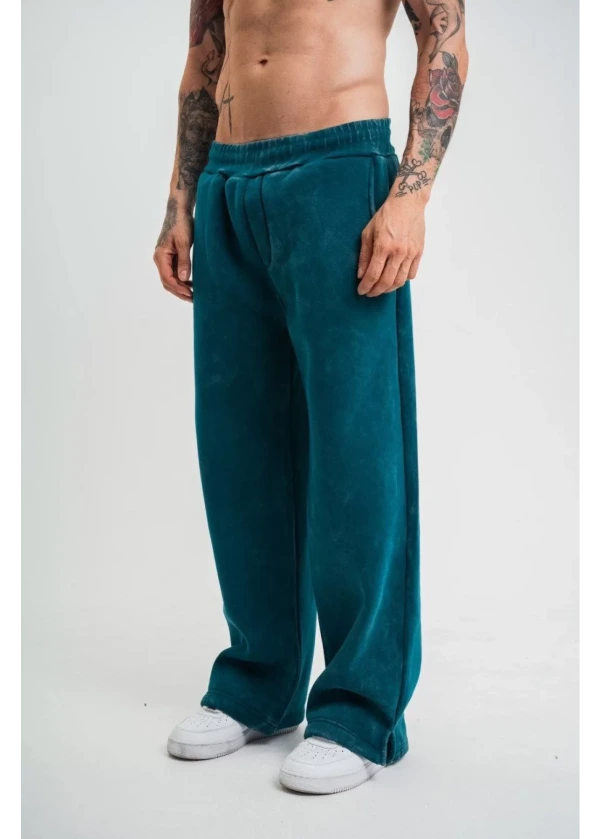 Yırtmaç Detaylı Boru Paça Baggy Eşofman Pantolon - Koyu Deniz Yeşili